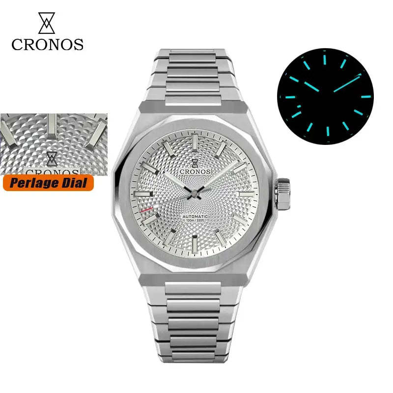 Cronos 39mm stainless steel wristwatch with rhombus case, perlage dial, see-through caseback, automatic
