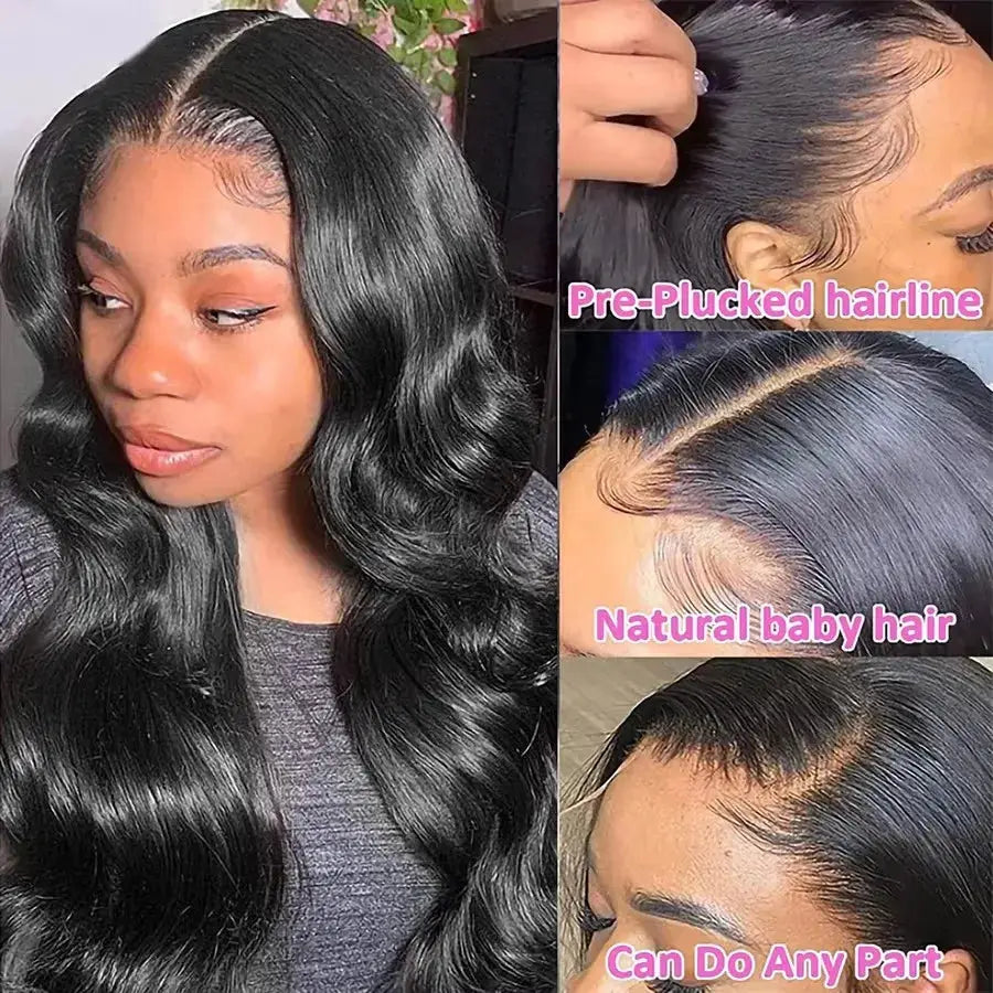 Natural Black 13x4 Lace Front Wig Brazilian Human Hair Body Wave Pre Plucked 180 Percent Density Lace Frontal