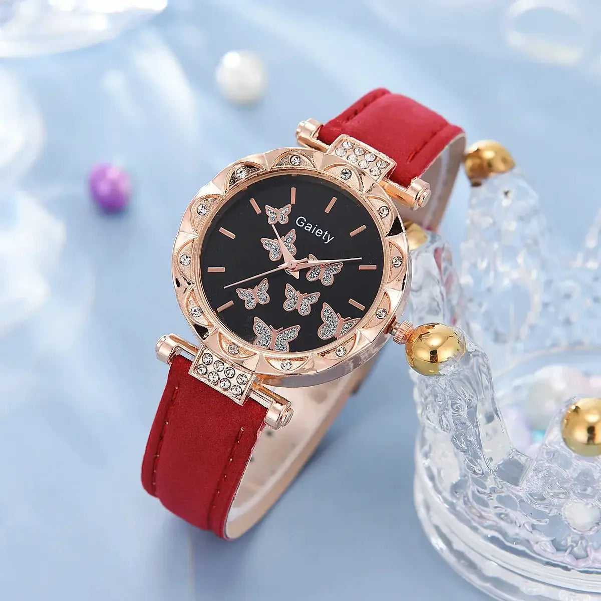 Butterfly Lane Watch Set Leather Strap Quartz Wristwatch With Matching Ring Necklace Earrings Bracelet