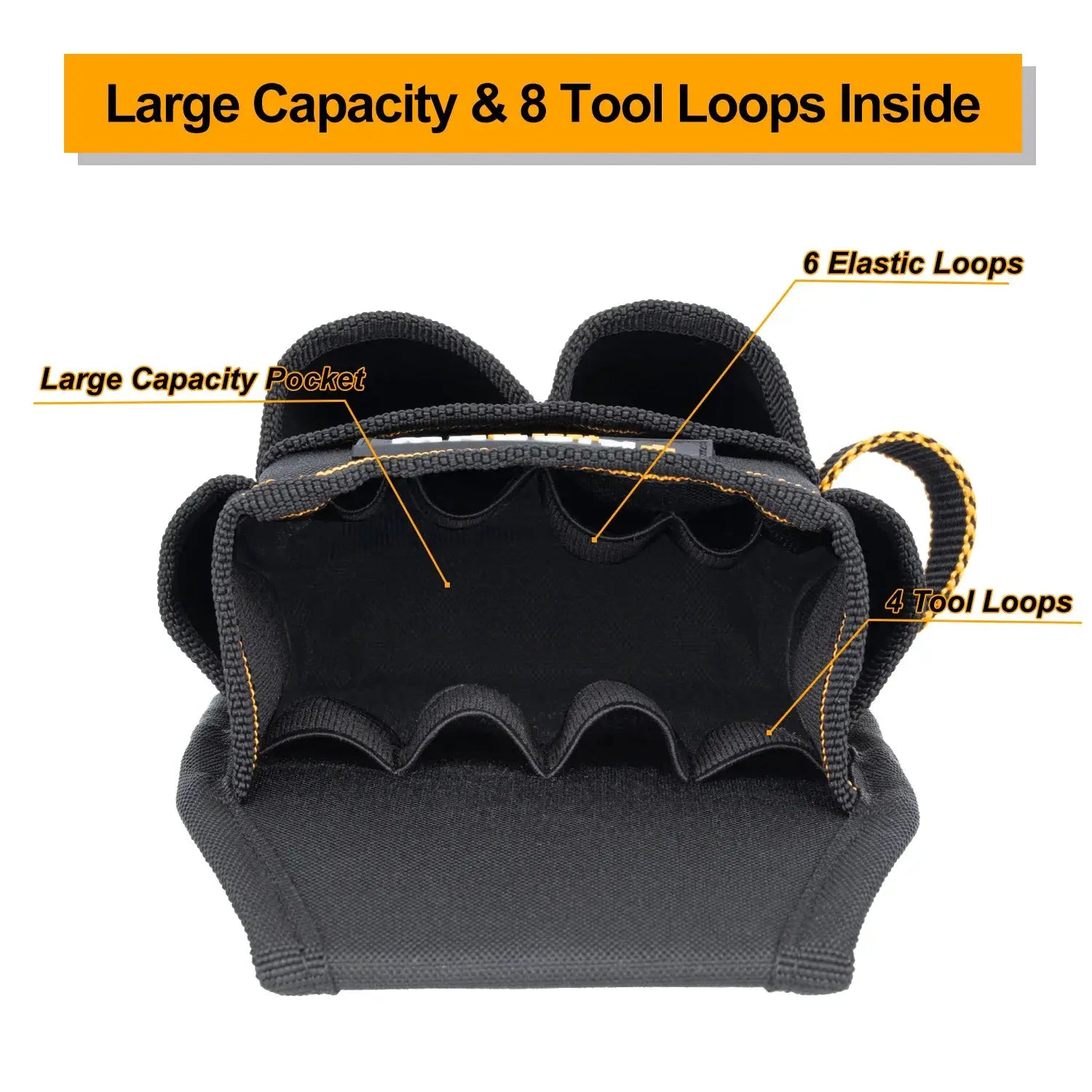 Simples Market TKIGZNW Pocket Tool Pouch with large capacity pocket, black fabric, 6 elastic loops and 4 tool loops