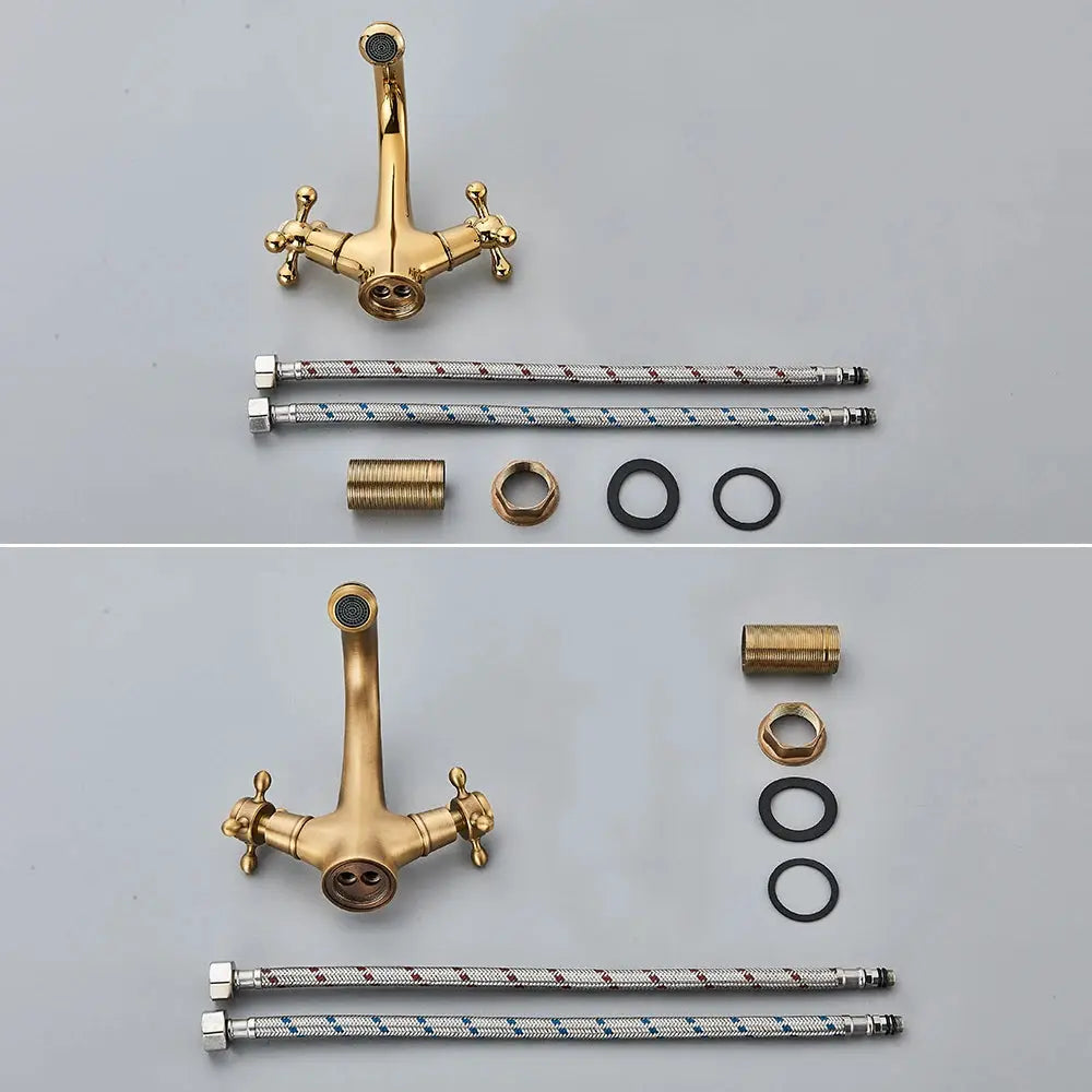 POIQIHY antique brass bathroom faucet with two handles, deck-mounted mixer and hoses