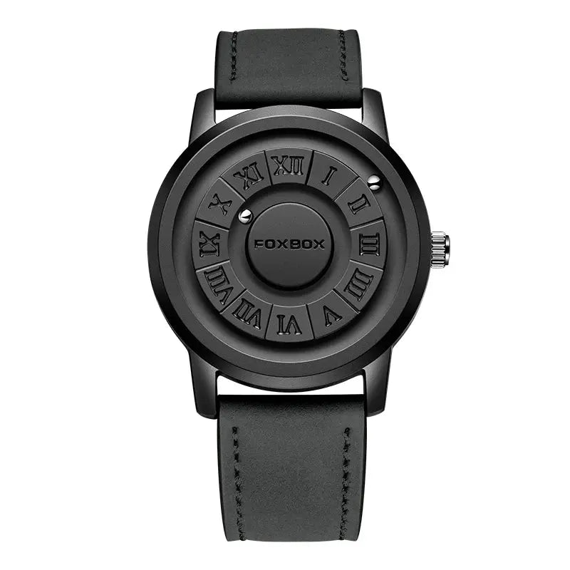 FOXBOX watch with black dial featuring Roman numerals and black leather strap; waterproof quartz for men's style.