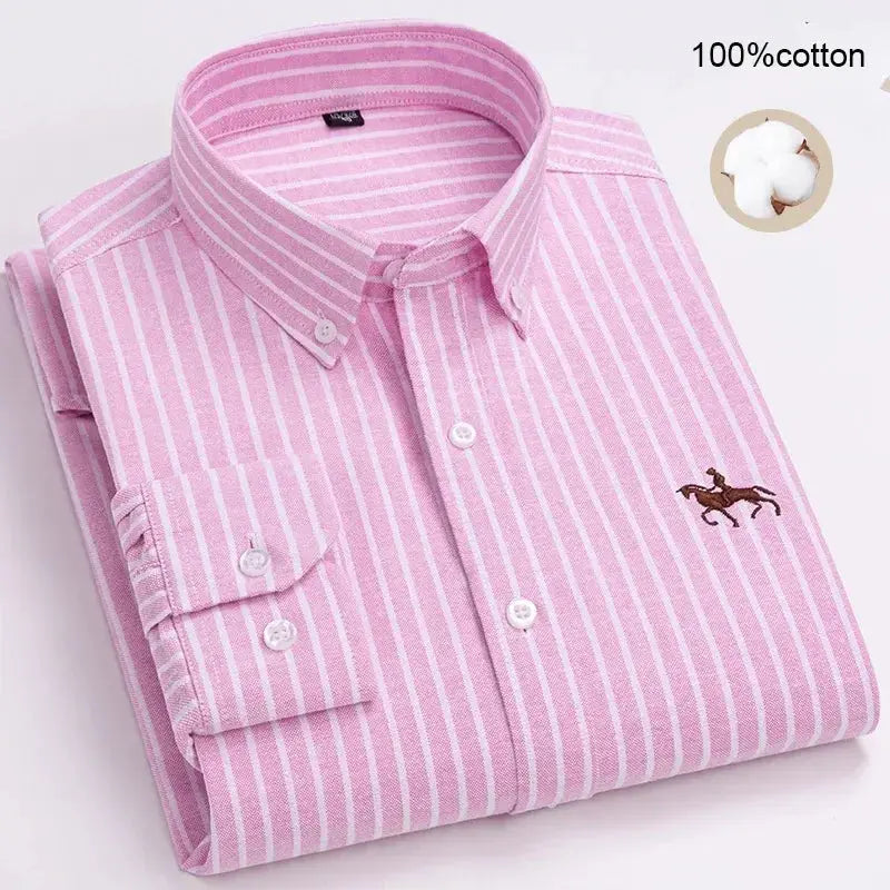 Men's pink and white striped 100% cotton Oxford shirt by Simples Market, long sleeve with horse logo embroidery