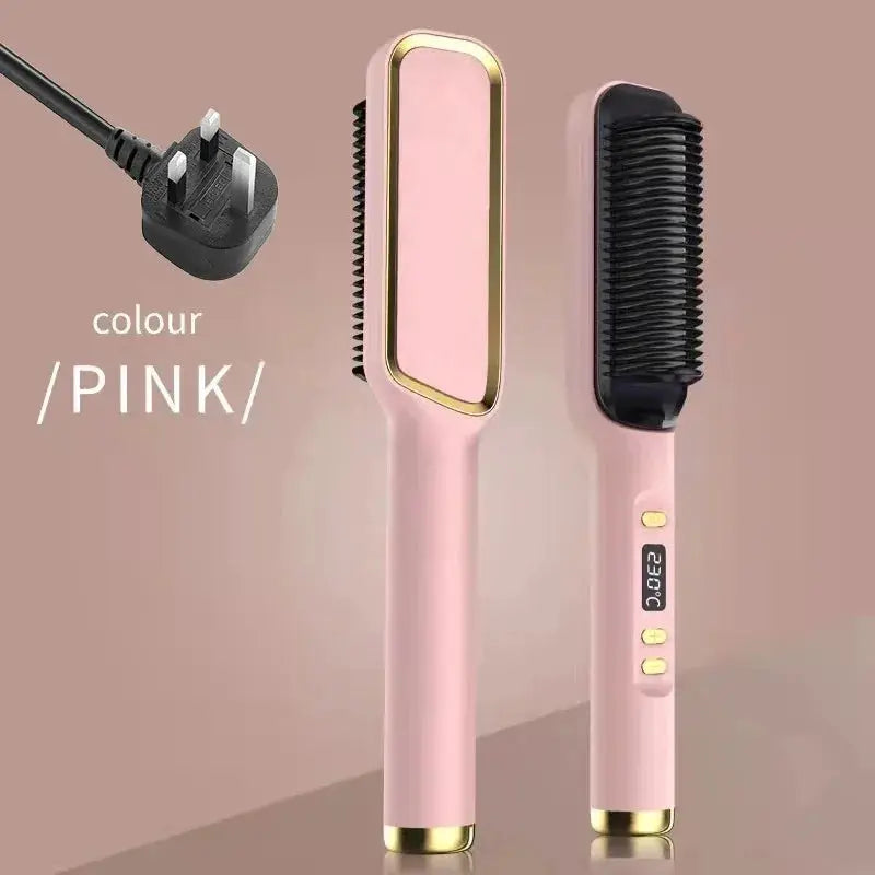 Electric hot comb straightening brush in pink with gold trim and digital controls.