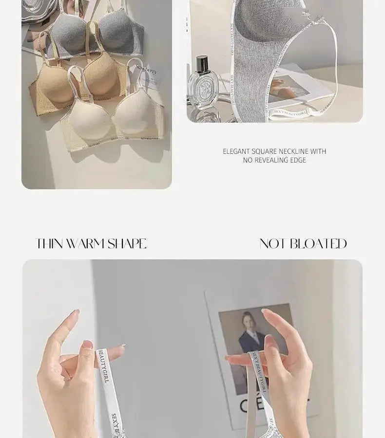 Simples Market 6cm thickened push-up wireless bra set in beige, white, and grey with adjustable straps.