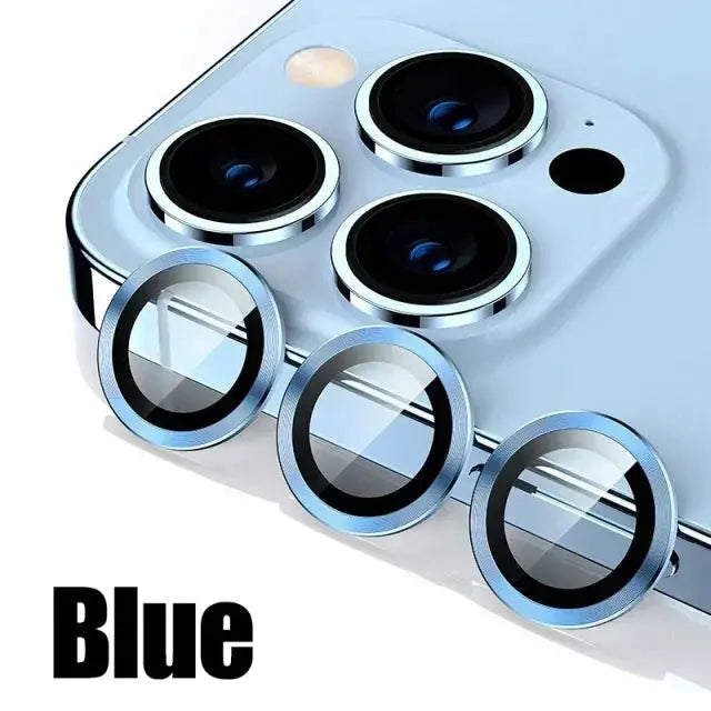 3-pack blue metal camera lens protectors for iPhone back cameras by Simples Market