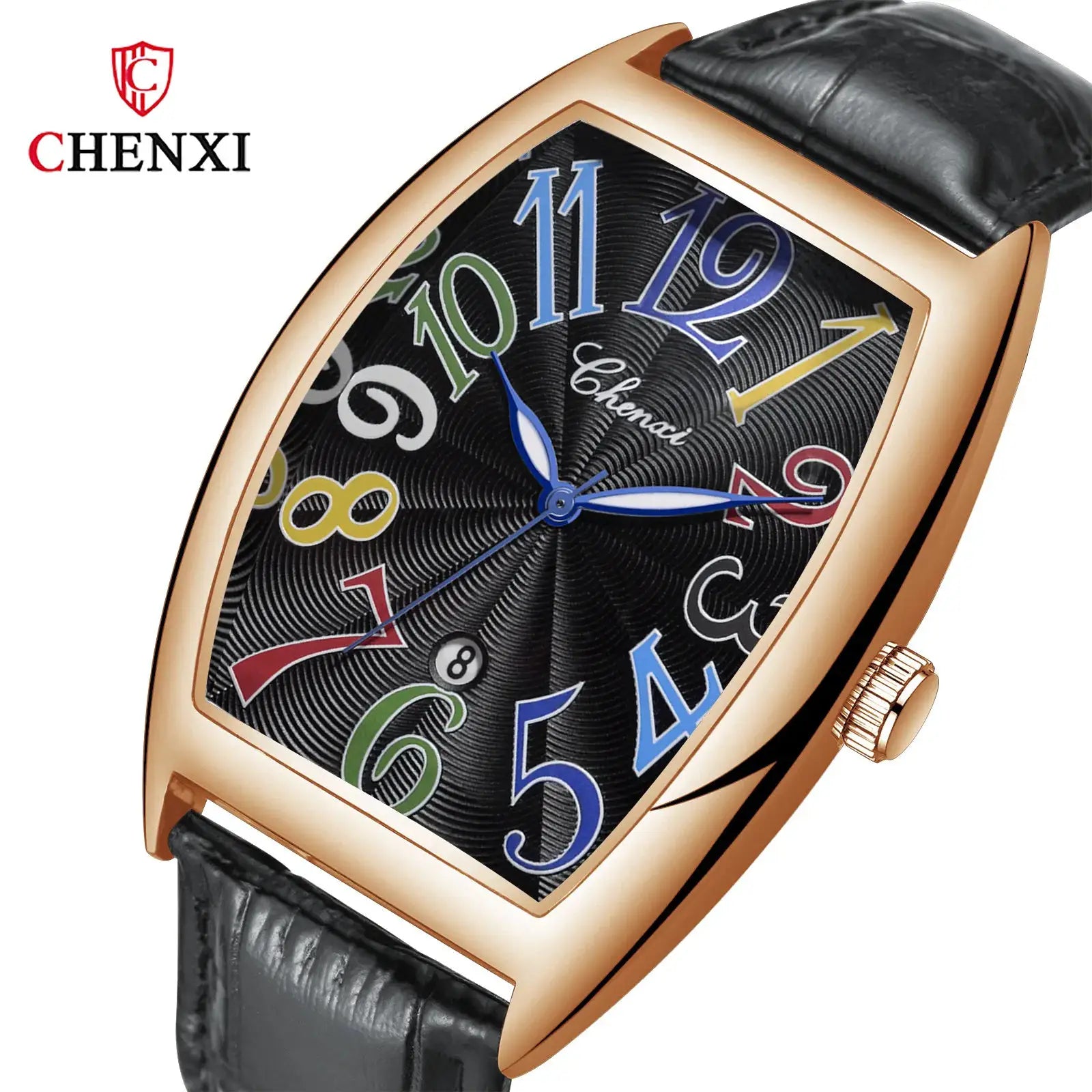 CHENXI men's quartz watch with curved glass and rose-gold case, black leather strap, multicolored numerals