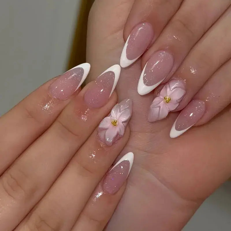 GlamNail Pink Almond Press On Nails Full Coverage Carved Flower 3D Ripple French Tips Golden Pearl Finish