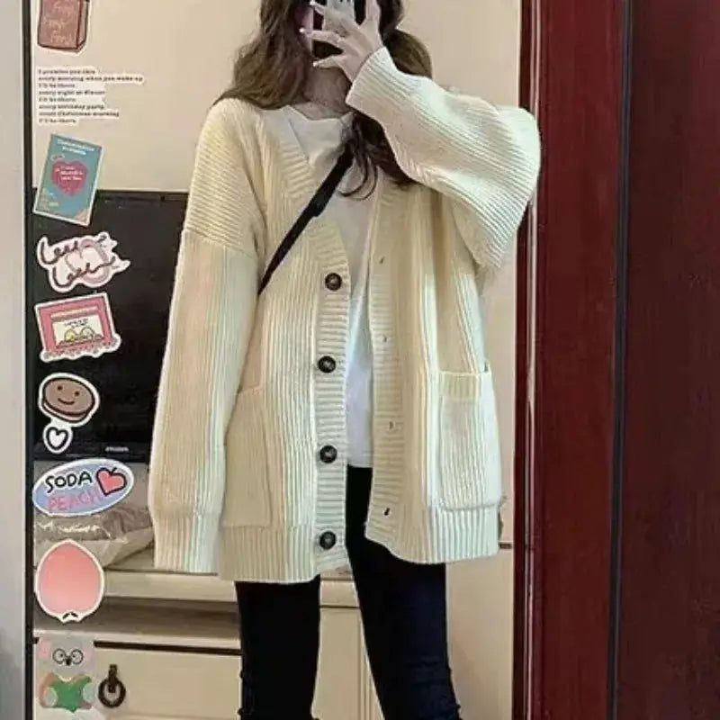 AutumnAura V Neck Loose Knit Cardigan Coat For Women Cozy Relaxed Fit For Autumn And Winter Warmth