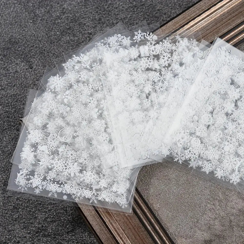 30 clear self-adhesive Christmas nail art sticker sheets with white snowflakes and snowmen