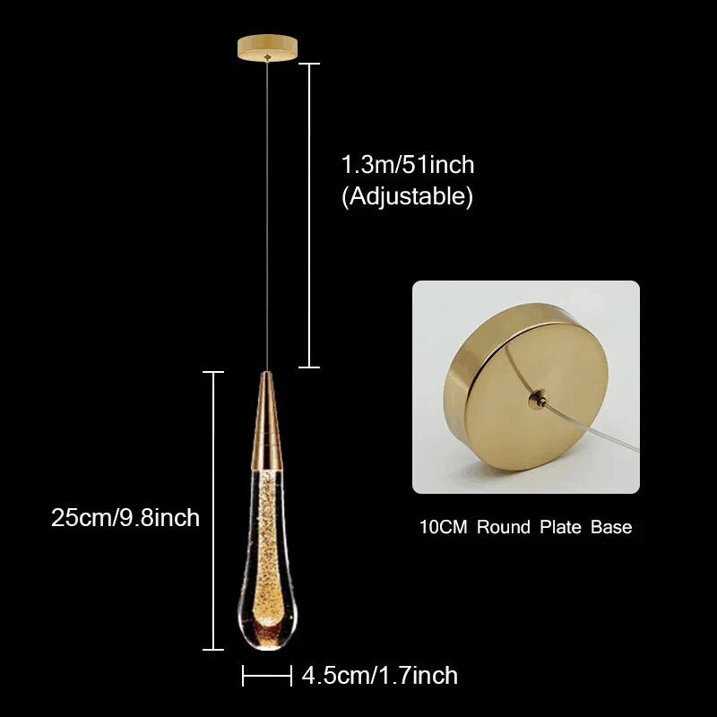 Crystal LED pendant light by Simples Market; gold-tone metal with glass teardrop crystal, adjustable 1.3m cord.