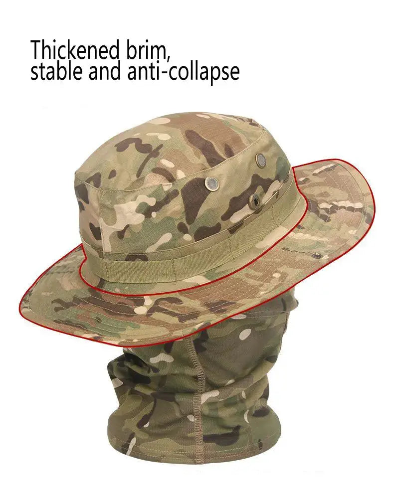 Camouflage boonie hat with thickened, wide brim and adjustable strap