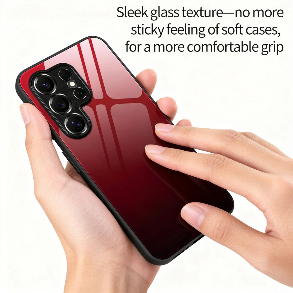 Gradient tempered-glass phone case for Samsung Galaxy S26 Ultra and S26 Plus with a shockproof black PC bumper