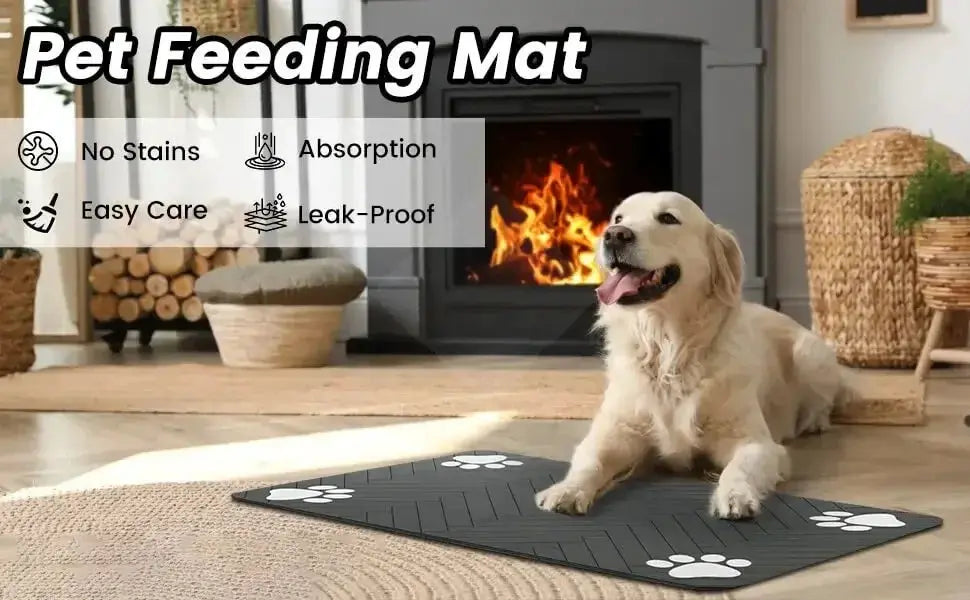 Absorbent pet feeding mat by Simples Market, black with white paw prints, non-slip for dogs and cats