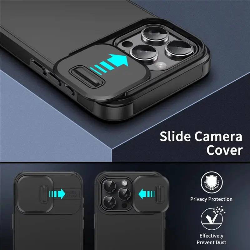 Slide Camera Protection Phone Case for iPhone, matte black with sliding camera cover (2 shown)