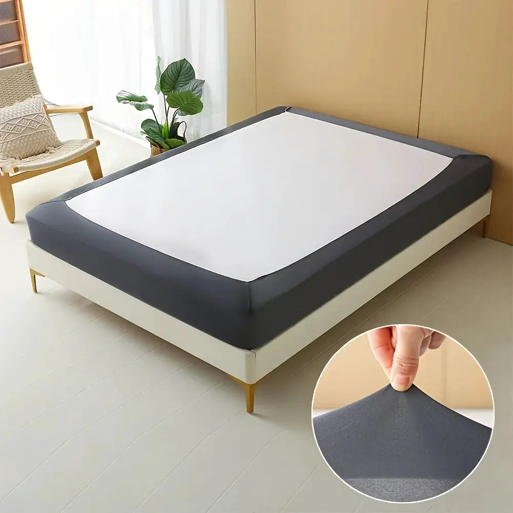 Stretchable Bed Skirt by Simples Market, dark gray sides with white top, non-slip and machine washable