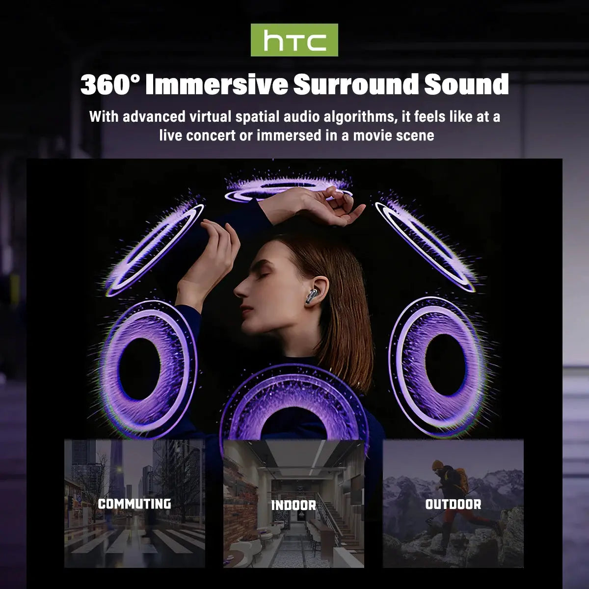 HTC NE70 wireless headphones with Bluetooth, Simples Market branding and 360° surround sound visuals