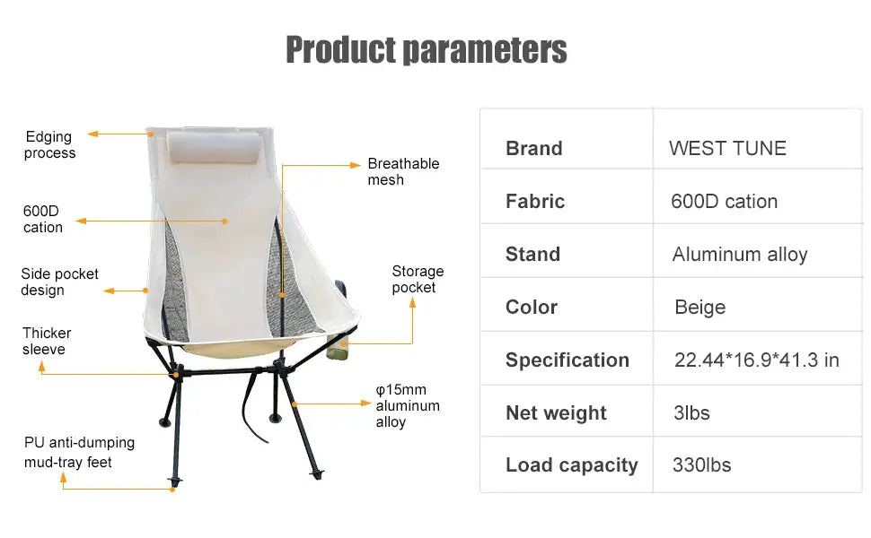 WESTTUNE portable folding camping chair with headrest, beige fabric and aluminum alloy frame