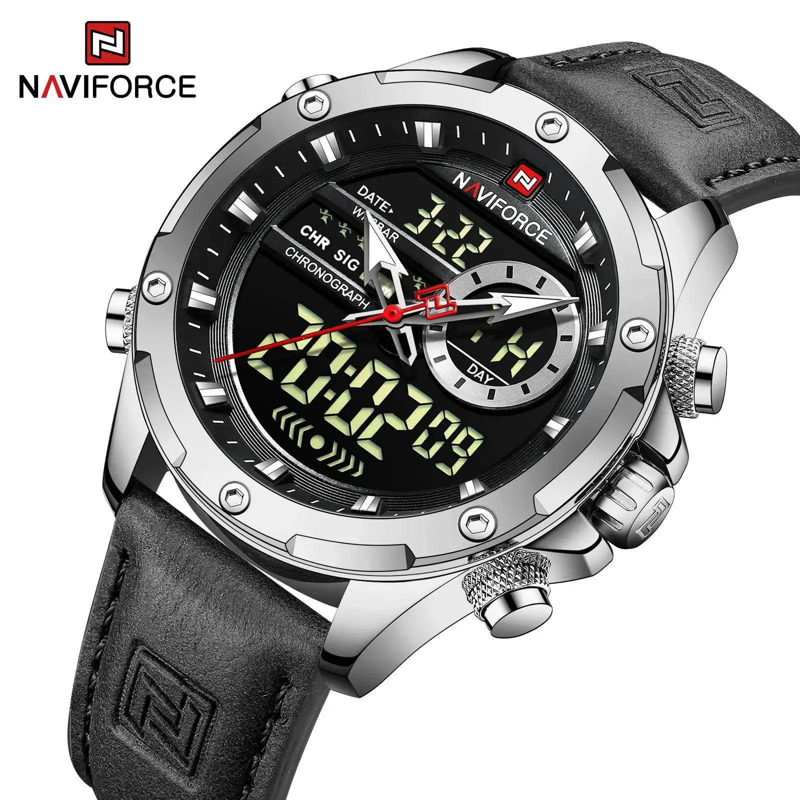 NAVIFORCE men's luxury chronograph watch with black dial, digital display and leather strap