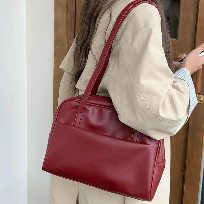Korean Style large-capacity red leather tote bag with a single shoulder strap for everyday use