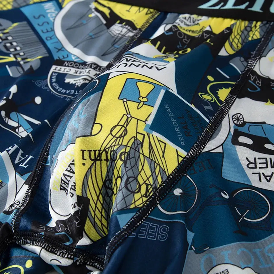 Men's underwear by Simples Market in a multicolor graphic print with blue and yellow accents.