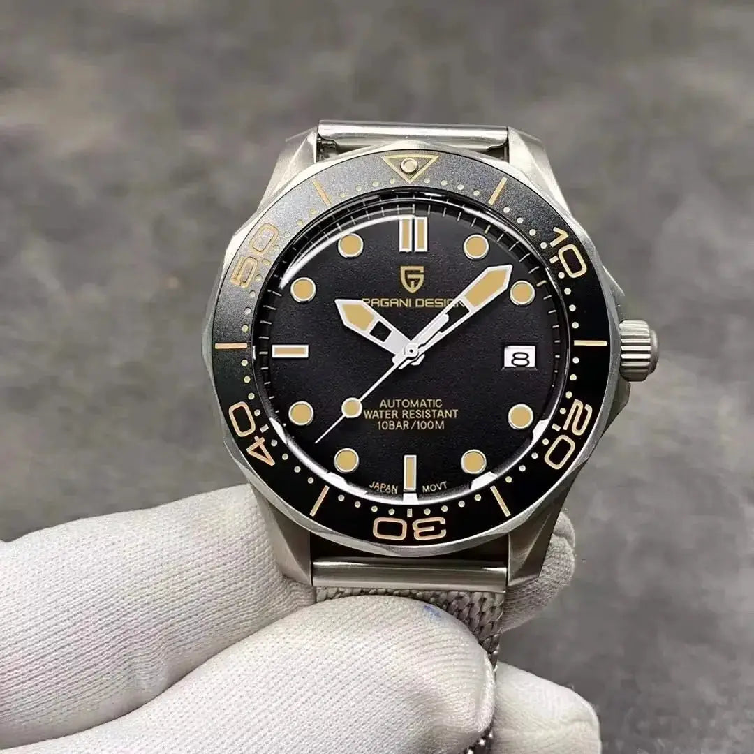 Pagani Design 007 men's automatic dive watch with black dial, gold-tone markers, and stainless steel bracelet