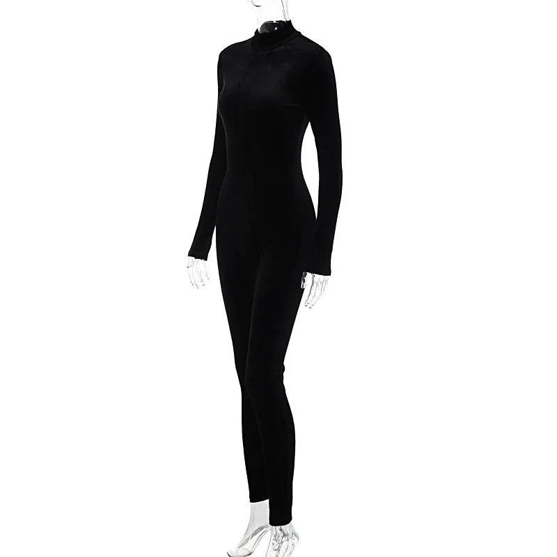 Black velvet long-sleeve O-neck bodycon jumpsuit with a full-length, skinny fit