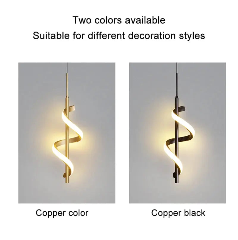 Lustre LED Pendant Light by Simples Market, spiral hanging lamp in copper color or copper black (2 shown)