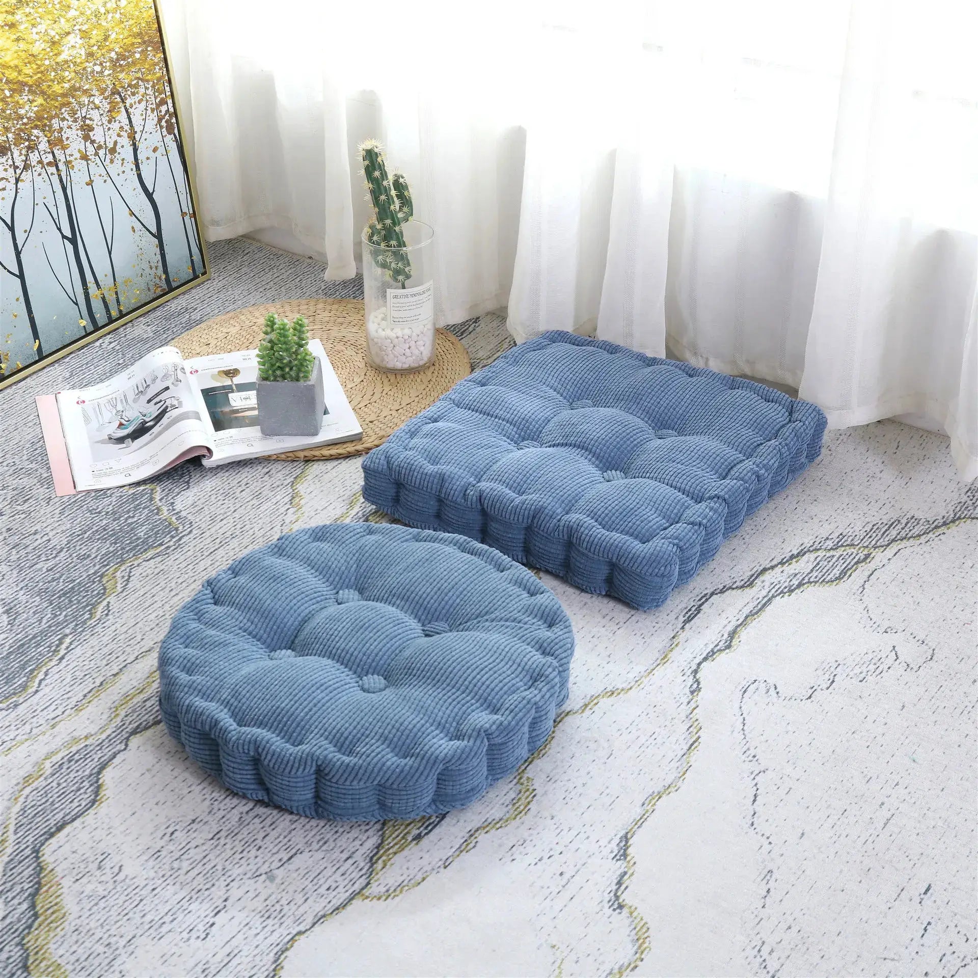 Tufted blue floor cushions set of 3, Simples Market thick ribbed 50x50cm square chair pads for home, office or patio.