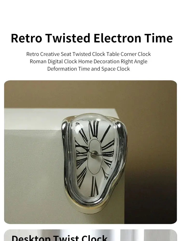 Melting clock edge-mounted on furniture; chrome dome, silver finish, Dalí-inspired design