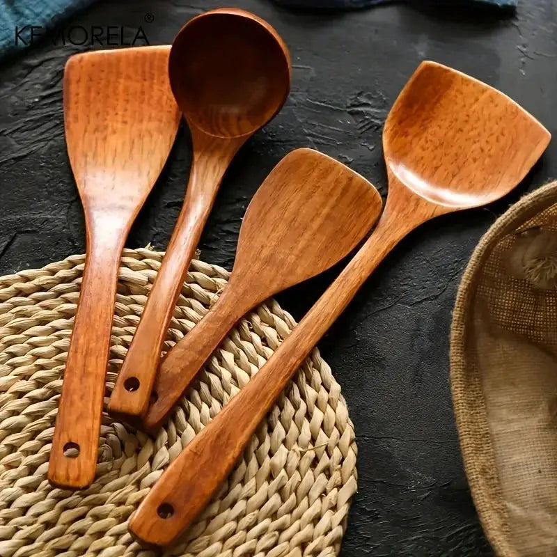 Kemorela 4 Piece Kitchen Utensil Set Wooden Cooking Tools Spatula Spoon Scoop Nonstick Safe For Nonstick Pans