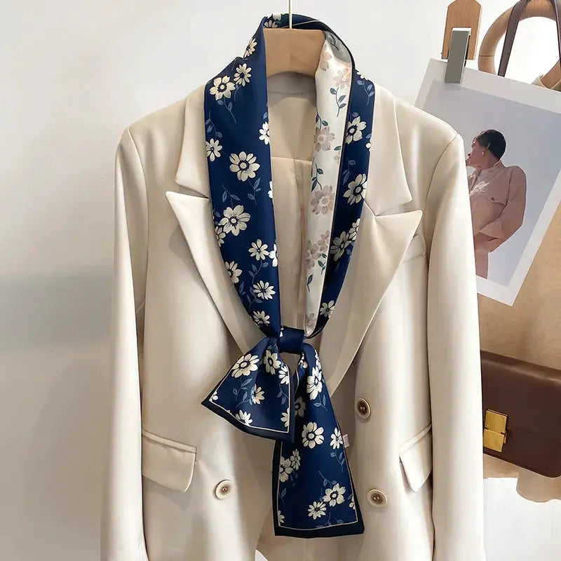 LuxeSilk Silk Feel Printed Design Scarf Versatile Long Narrow Silk Shawl For Fashionable Styles