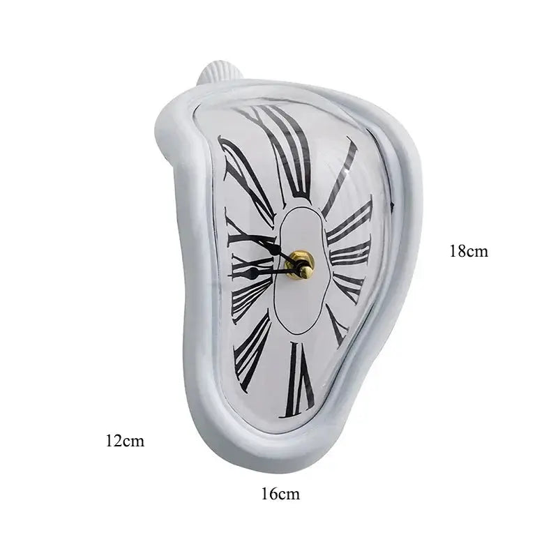 Surreal melting wall clock with white frame, black Roman numerals, Salvador Dalí style decorative clock
