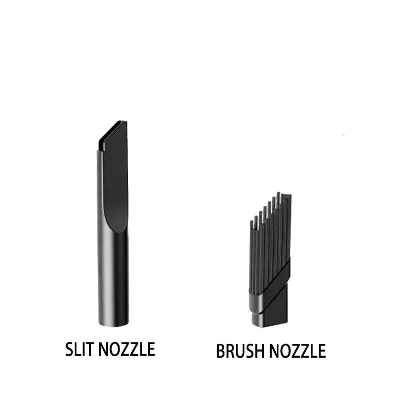 Portable wireless car vacuum cleaner with slit nozzle and brush nozzle attachments in black.