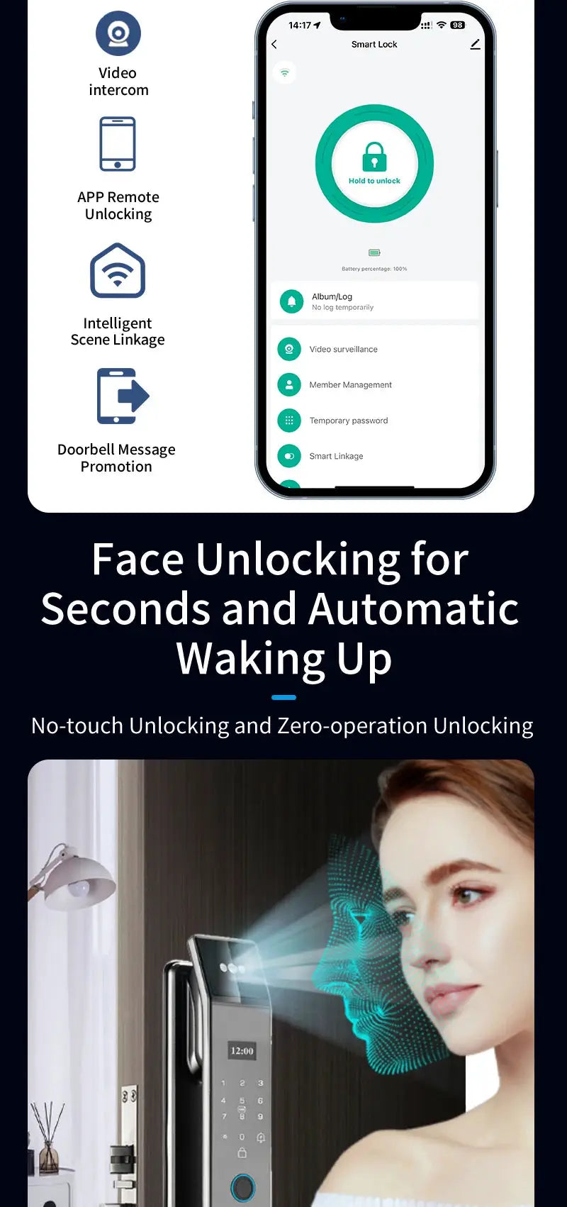 XSDTS smart door lock with camera and Tuya app; face recognition, video intercom, automatic locking.