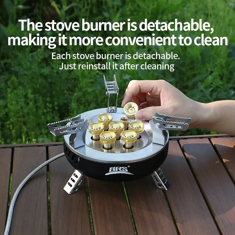 BRS portable folding gas stove with detachable burners, black body and gold burner caps; Simples Market brand.