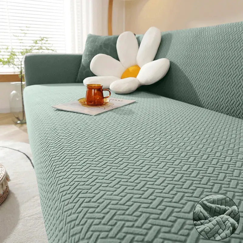 Jacquard sofa cover in teal elastic thick fabric for L-shaped 1–5 seater living-room sofa