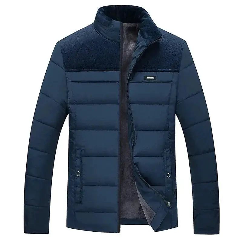 Men's puffer jacket navy blue by Simples Market, quilted padded coat with stand collar and zipper