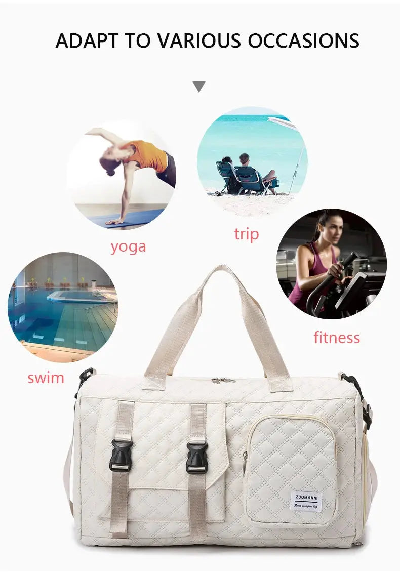 Beige quilted nylon travel duffel bag with front pocket, dual buckle straps, ZUOMANNI branding