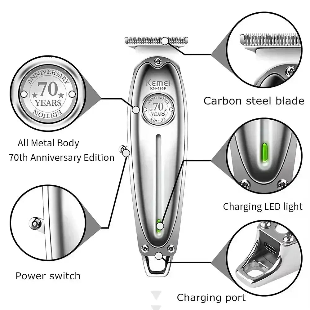Kemei hair clipper KM-TX1, 70th anniversary all-metal body, gold and silver, rechargeable men's shaver