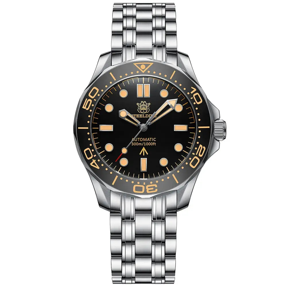 STEELDIVE SD1957 dive watch with 42mm ceramic bezel, stainless steel bracelet, black dial, luminous markers.