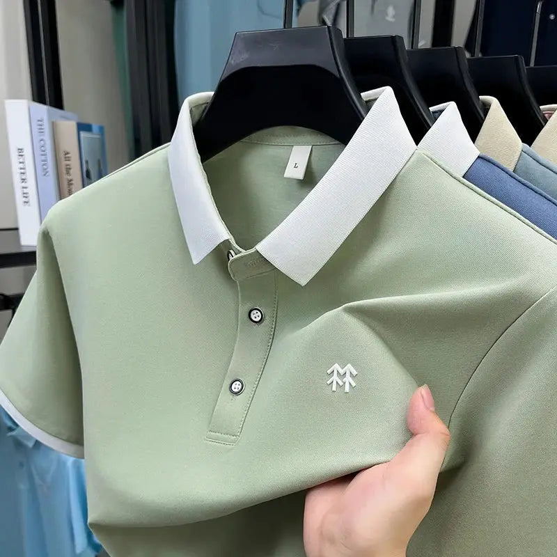 Set of 4 Simples Market short-sleeve polo shirts on hangers; silk-cotton blend with white collars and embroidered logo