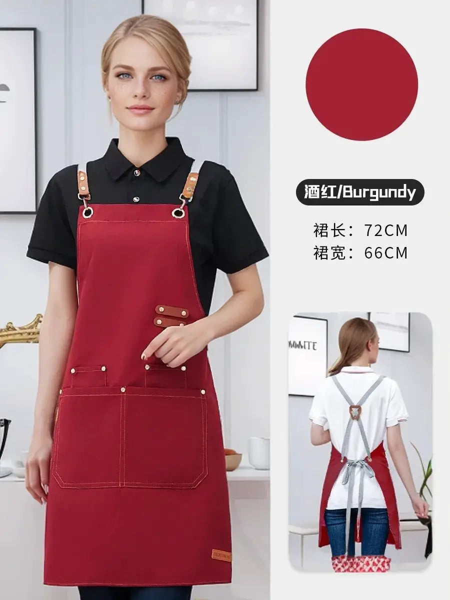 Waterproof kitchen apron burgundy with pockets and adjustable tan leather straps by Simples Market.