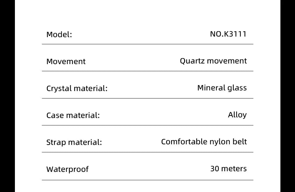 TPW Field Watch spec sheet, model K3111; quartz movement, mineral glass, alloy case, nylon strap, 30m waterproof