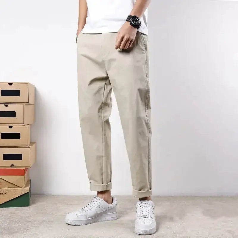 HIQOR men's cotton trousers, beige casual pants with rolled cuffs and relaxed fit