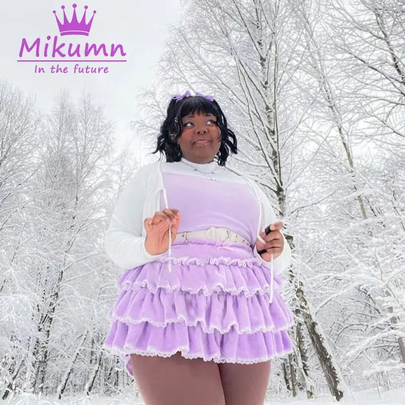 Mikumn Harajuku lavender plush shorts with tiered ruffles in lolita style