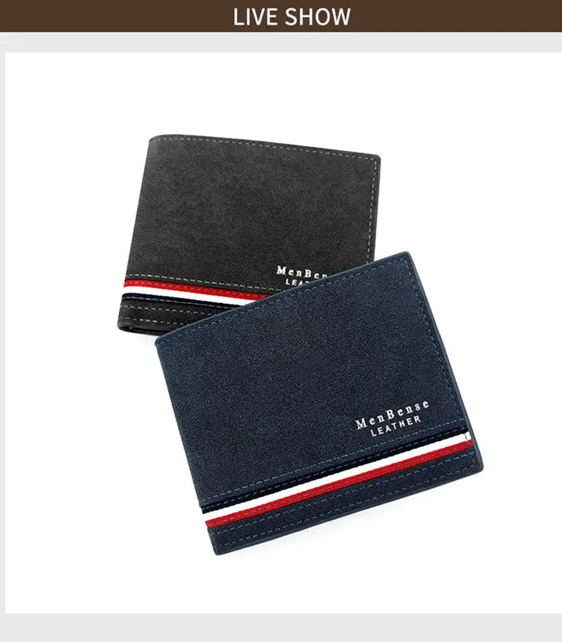 Two men's slim PU leather wallets with zipper coin pocket, navy and black with red and white stripe accents.