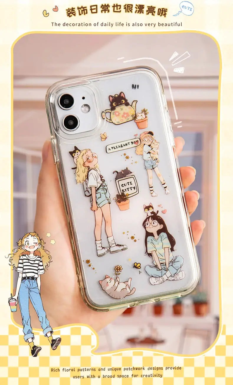 Clear iPhone case with kawaii character stickers and cute cats