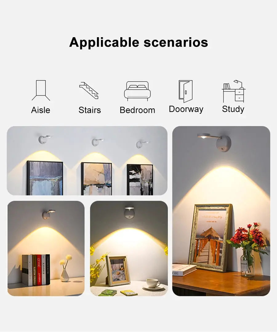 Night light motion sensor wall lamp by Simples Market; wireless USB LED with warm white glow for bedroom or living room.