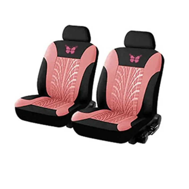 Car seat cover set by Simples Market with pink butterfly embroidery on black-pink front seats (2-seat universal fit)